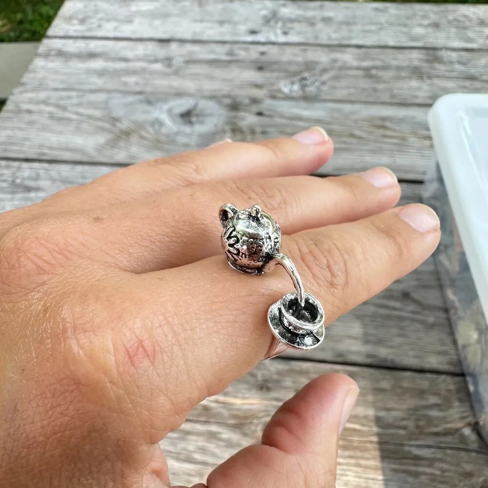 Silver Tone Tea Pot Ring  Tea Time Ring Unique Gift
